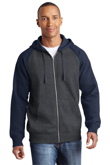 Sport-Tek ST269 Mens Fleece Full Zip Hooded Sweatshirt Hoodie Heather Graphite Grey/Navy Blue Front