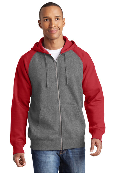 Sport-Tek ST269 Mens Fleece Full Zip Hooded Sweatshirt Hoodie Heather Vintage Grey/Red Front