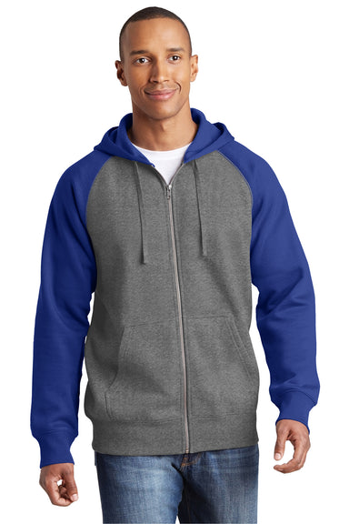 Sport-Tek ST269 Mens Fleece Full Zip Hooded Sweatshirt Hoodie Heather Vintage Grey/Royal Blue Front