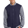 Sport-Tek Mens Snap Down Fleece Letterman Jacket - True Navy Blue/Heather Vintage Grey/White
