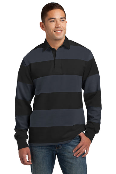 Sport-Tek ST301 Mens Classic Rugby Long Sleeve Polo Shirt Black/Grey Front