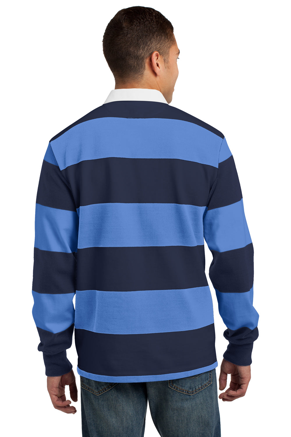 Sport-Tek ST301 Mens Classic Rugby Long Sleeve Polo Shirt Navy Blue/Carolina Blue Back
