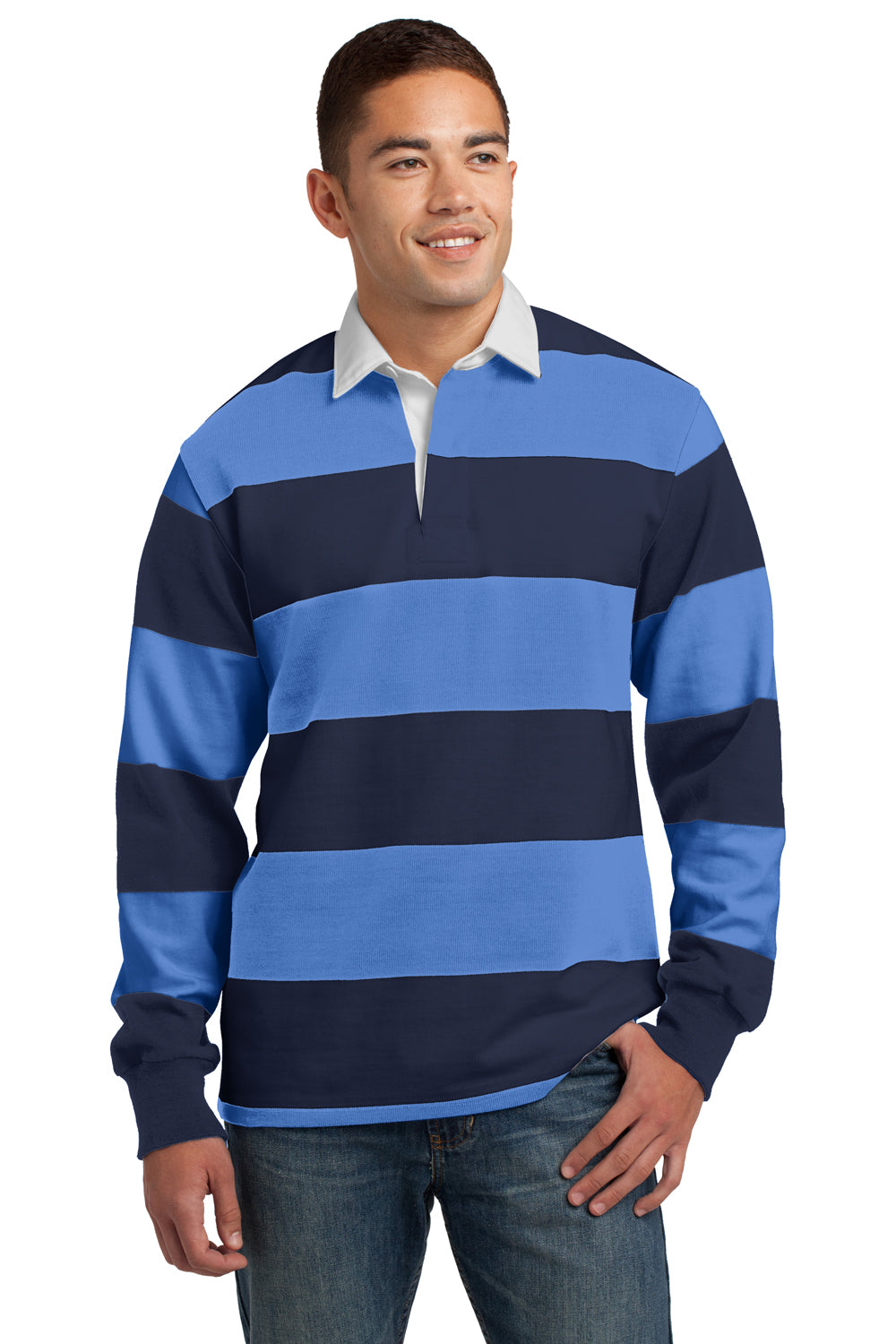 Sport-Tek ST301 Mens Classic Rugby Long Sleeve Polo Shirt Navy Blue/Carolina Blue Front