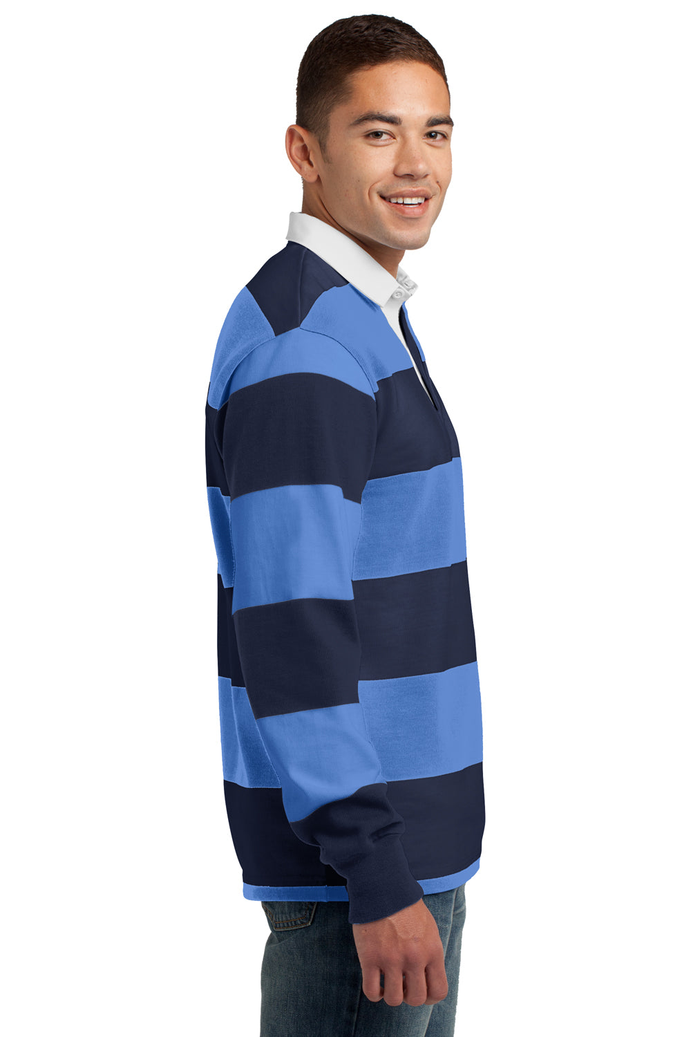 Sport-Tek ST301 Mens Classic Rugby Long Sleeve Polo Shirt Navy Blue/Carolina Blue Side
