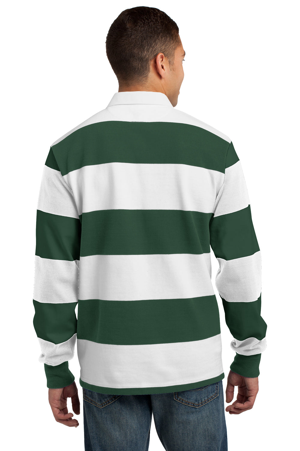 Sport-Tek ST301 Mens Classic Rugby Long Sleeve Polo Shirt Forest Green/White Back