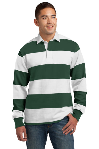 Sport-Tek ST301 Mens Classic Rugby Long Sleeve Polo Shirt Forest Green/White Front