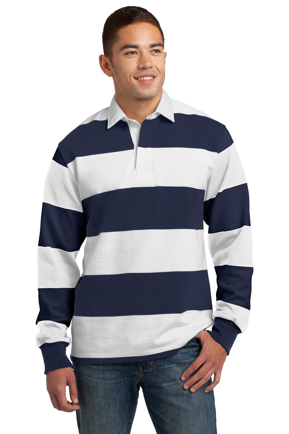 Sport-Tek ST301 Classic Long Sleeve Rugby Polo - True Navy/ White - S