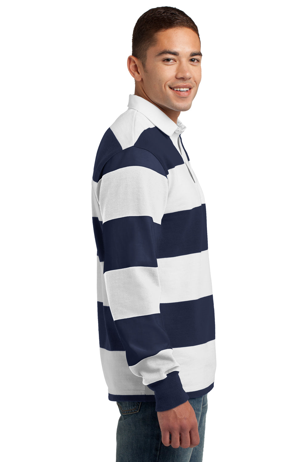 Sport-Tek ST301 Mens True Navy Blue/White Classic Rugby Long Sleeve Polo  Shirt —