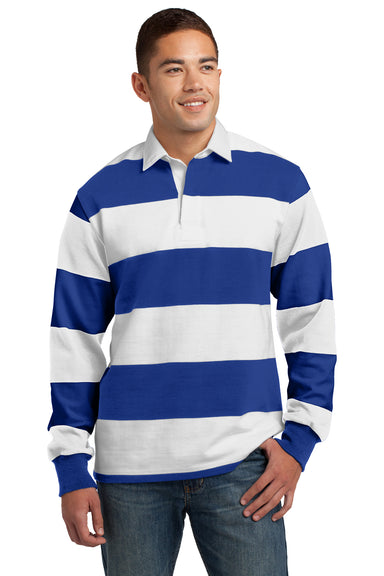 Sport-Tek ST301 Mens Classic Rugby Long Sleeve Polo Shirt Royal Blue/White Front