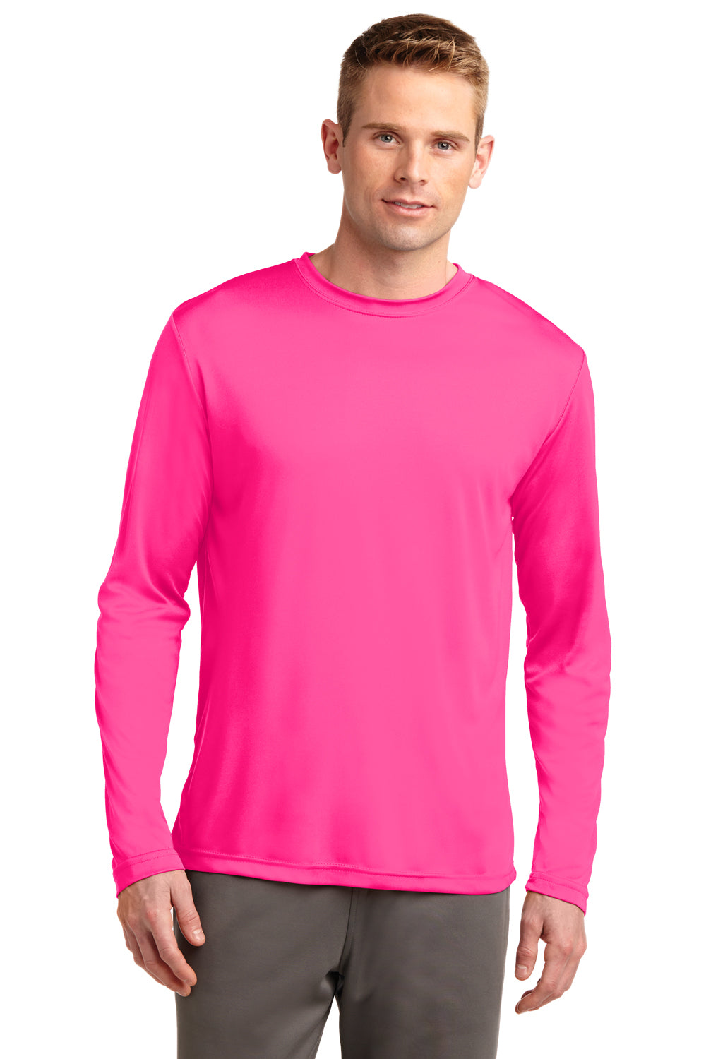 Sport-Tek ST350LS Mens Competitor Moisture Wicking Long Sleeve Crewneck T-Shirt Neon Pink Front
