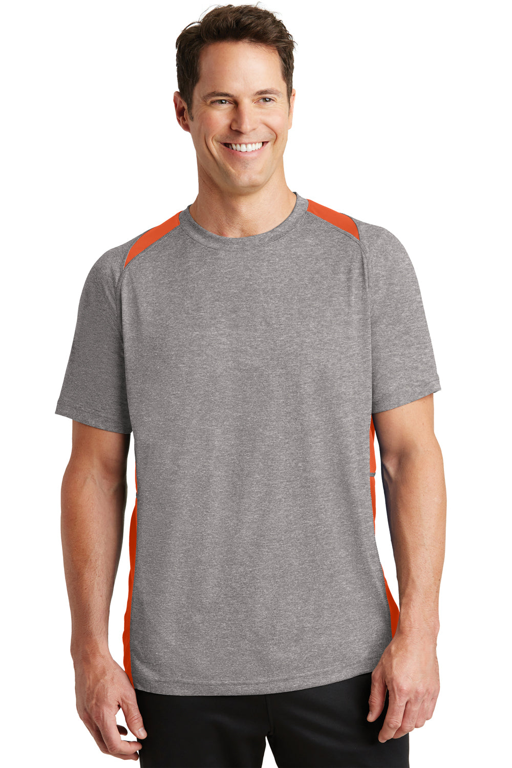 Sport-Tek ST361 Mens Contender Heather Moisture Wicking Short Sleeve Crewneck T-Shirt Vintage Grey/Orange Front