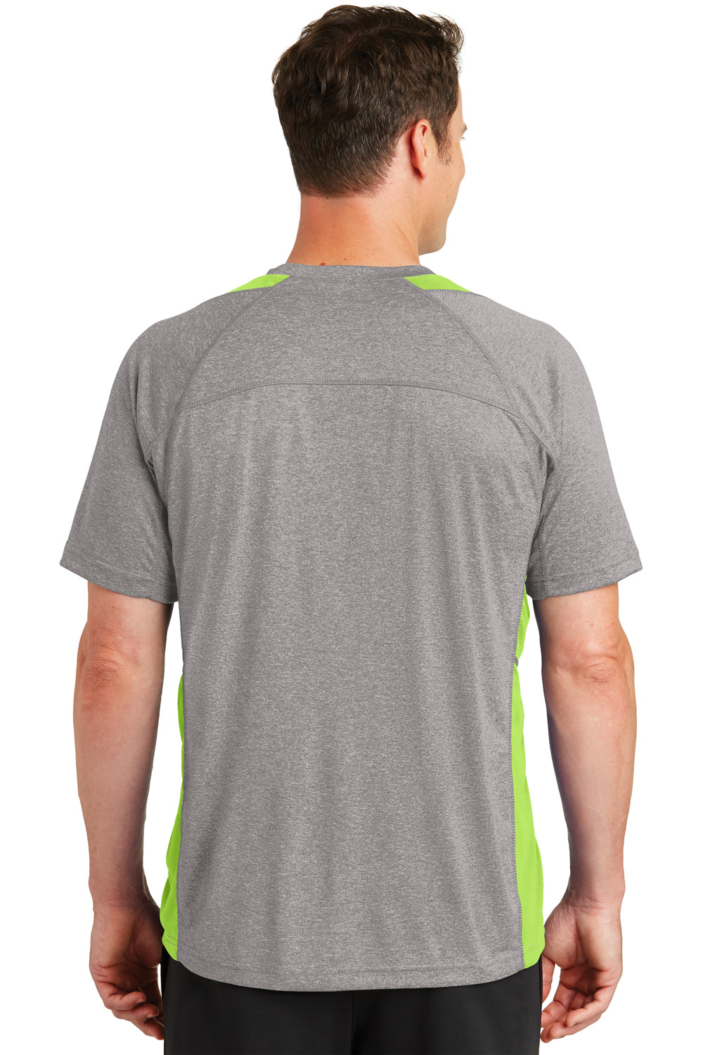 Sport-Tek ST361 Mens Contender Heather Moisture Wicking Short Sleeve Crewneck T-Shirt Vintage Grey/Lime Green Back