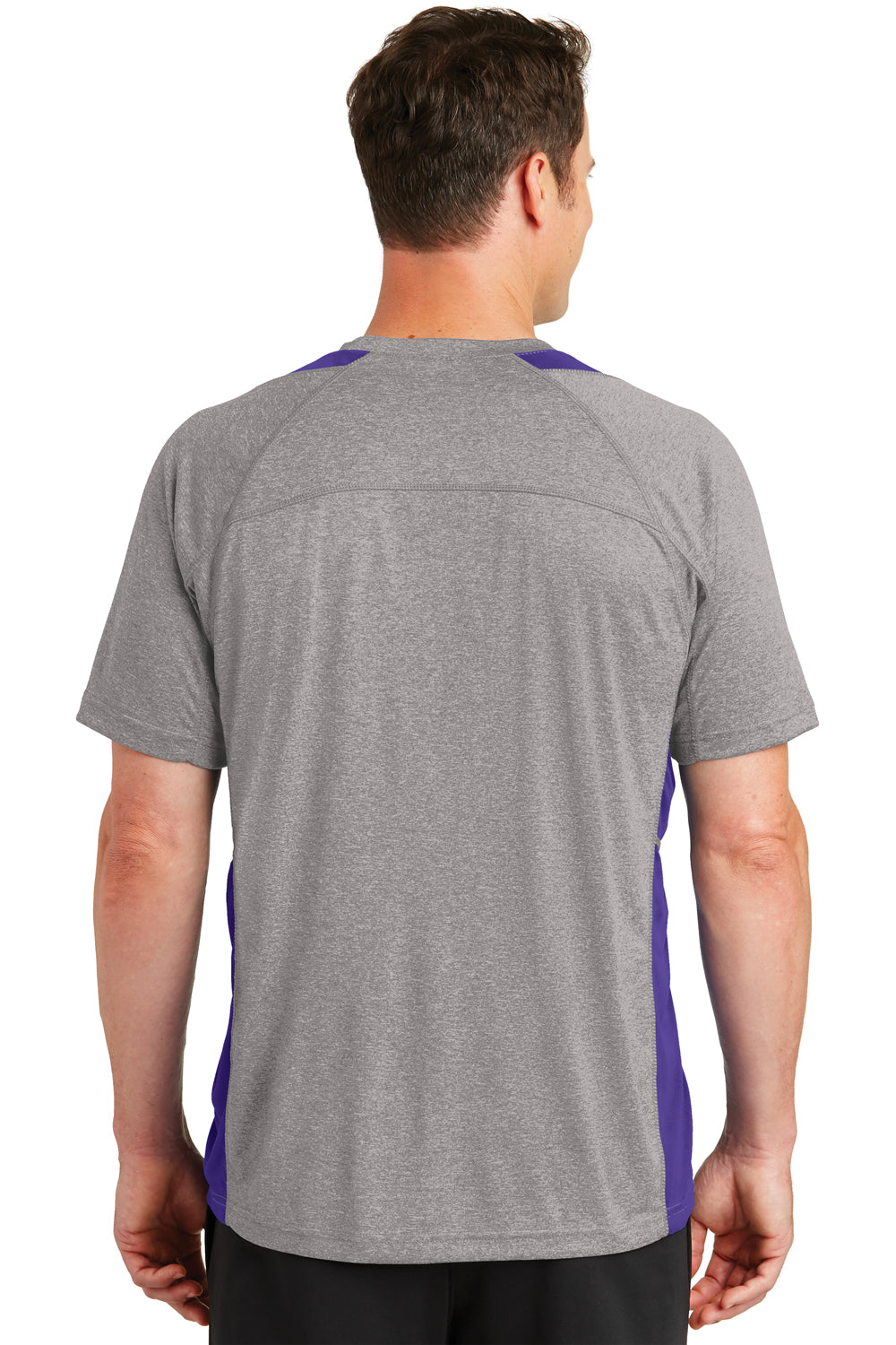 Sport-Tek ST361 Mens Contender Heather Moisture Wicking Short Sleeve Crewneck T-Shirt Vintage Grey/Purple Back