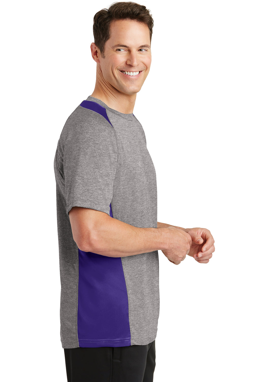 Sport-Tek ST361 Mens Contender Heather Moisture Wicking Short Sleeve Crewneck T-Shirt Vintage Grey/Purple Side