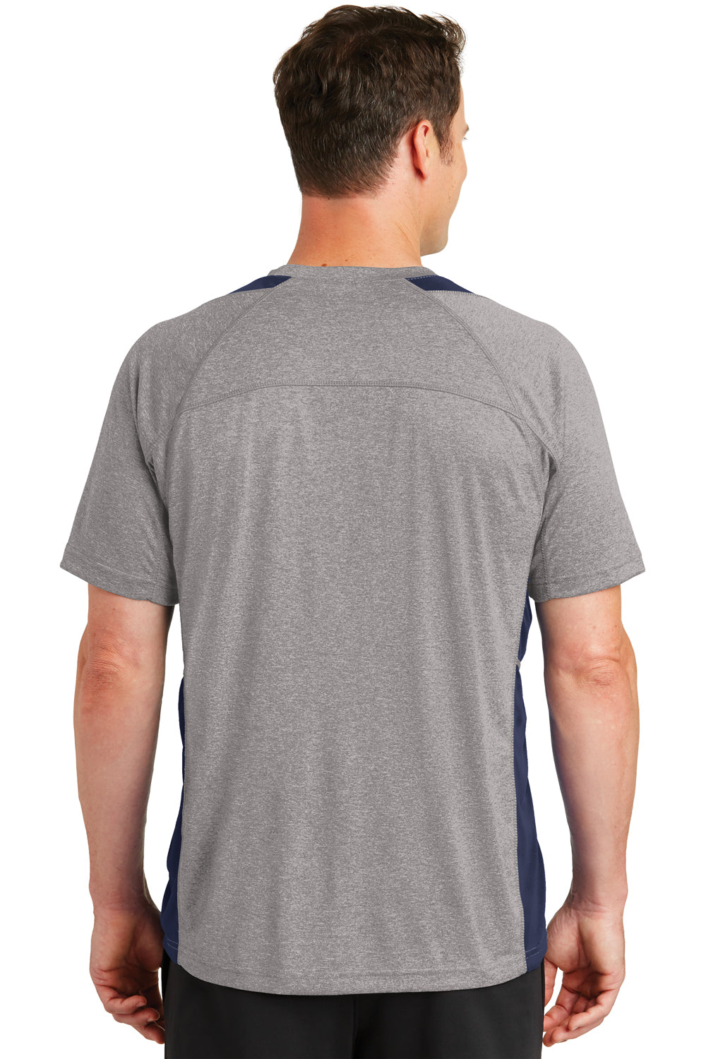 Sport-Tek ST361 Mens Contender Heather Moisture Wicking Short Sleeve Crewneck T-Shirt Vintage Grey/Navy Blue Back