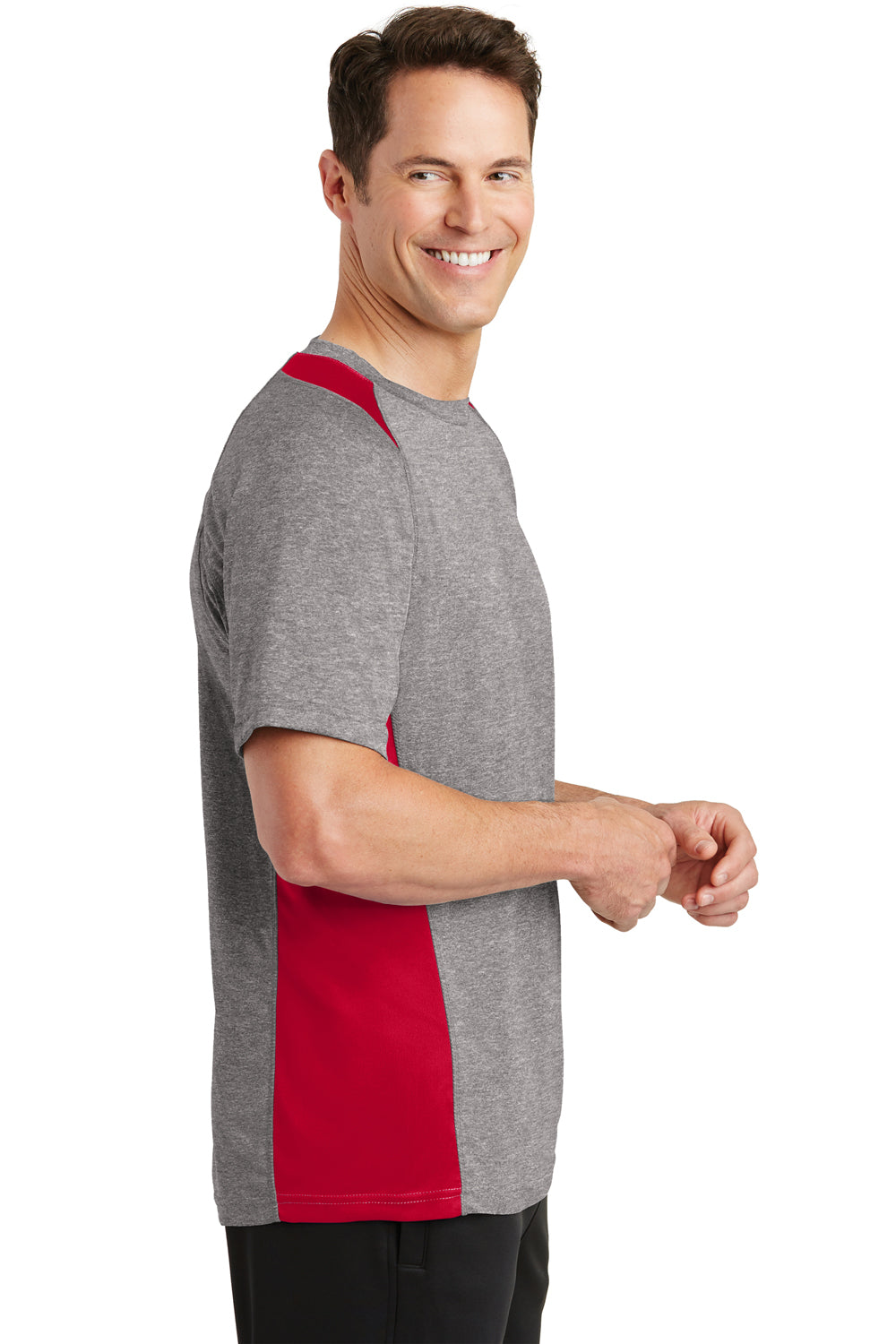 Sport-Tek ST361 Mens Contender Heather Moisture Wicking Short Sleeve Crewneck T-Shirt Vintage Grey/Red Side