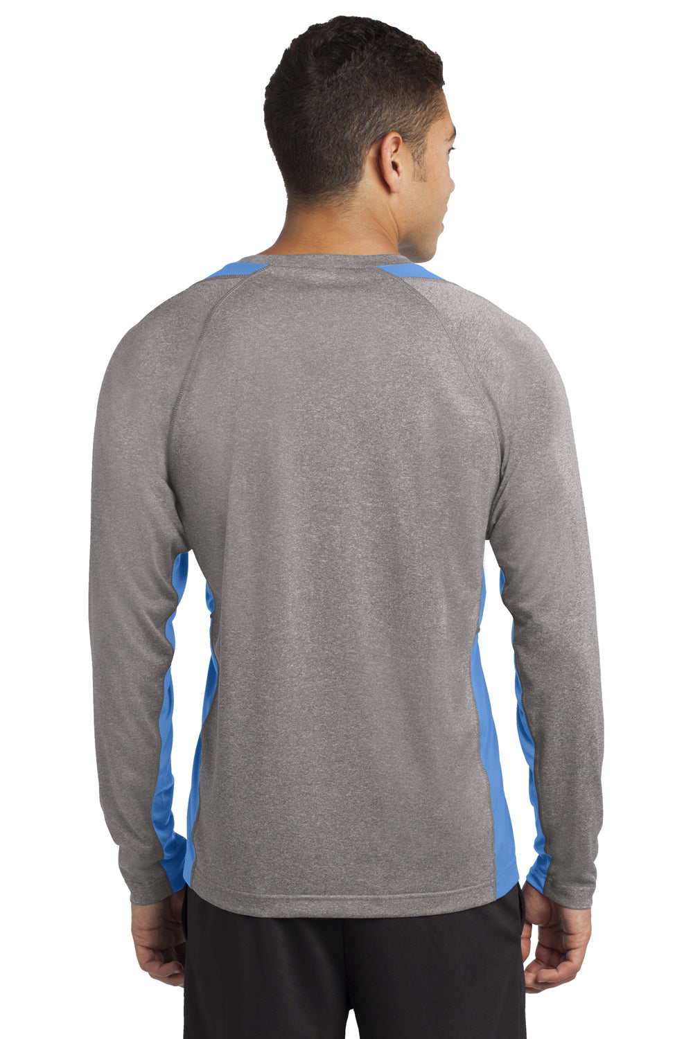 Sport-Tek ST361LS Mens Contender Heather Moisture Wicking Long Sleeve Crewneck T-Shirt Vintage Grey/Carolina Blue Back