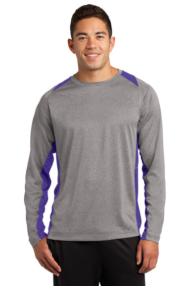 Sport-Tek ST361LS Mens Contender Heather Moisture Wicking Long Sleeve Crewneck T-Shirt Vintage Grey/Purple Front