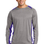 Sport-Tek Mens Contender Heather Moisture Wicking Long Sleeve Crewneck T-Shirt - Heather Vintage Grey/Purple - Closeout