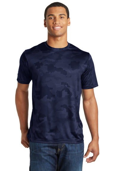 Sport-Tek ST370 Mens CamoHex Moisture Wicking Short Sleeve Crewneck T-Shirt Navy Blue Front