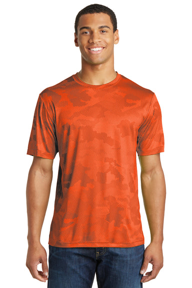 Sport-Tek ST370 Mens CamoHex Moisture Wicking Short Sleeve Crewneck T-Shirt Orange Front