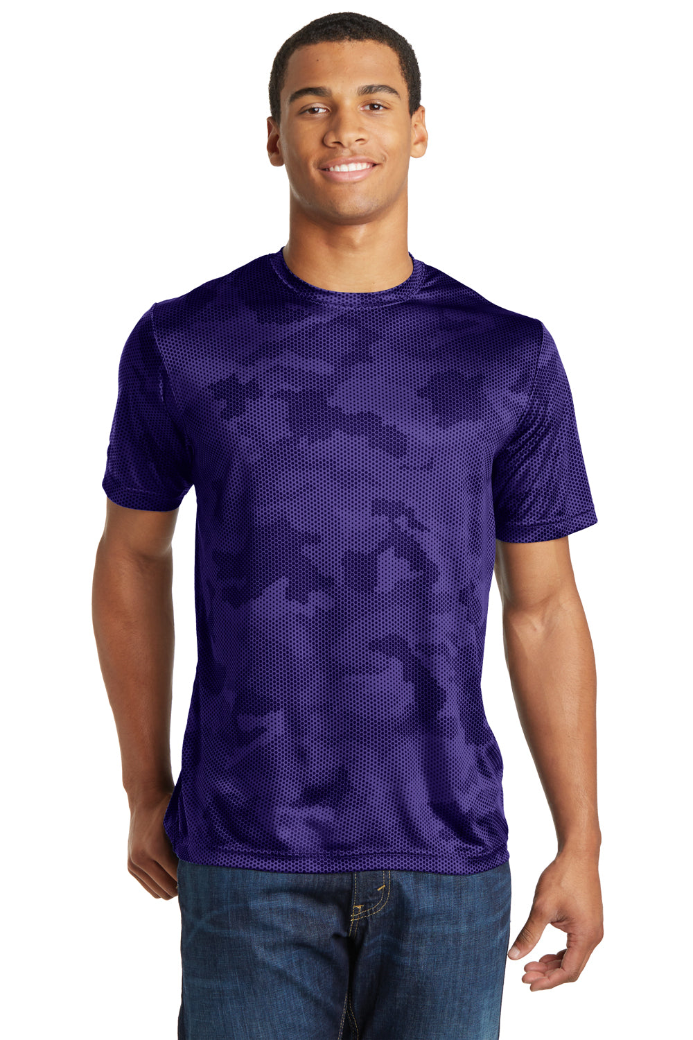 Sport-Tek ST370 Mens CamoHex Moisture Wicking Short Sleeve Crewneck T-Shirt Purple Front