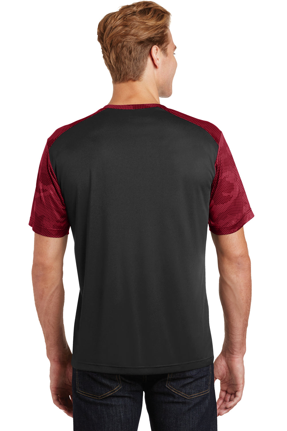 Sport-Tek ST371 Mens CamoHex Moisture Wicking Short Sleeve Crewneck T-Shirt Black/Red Back