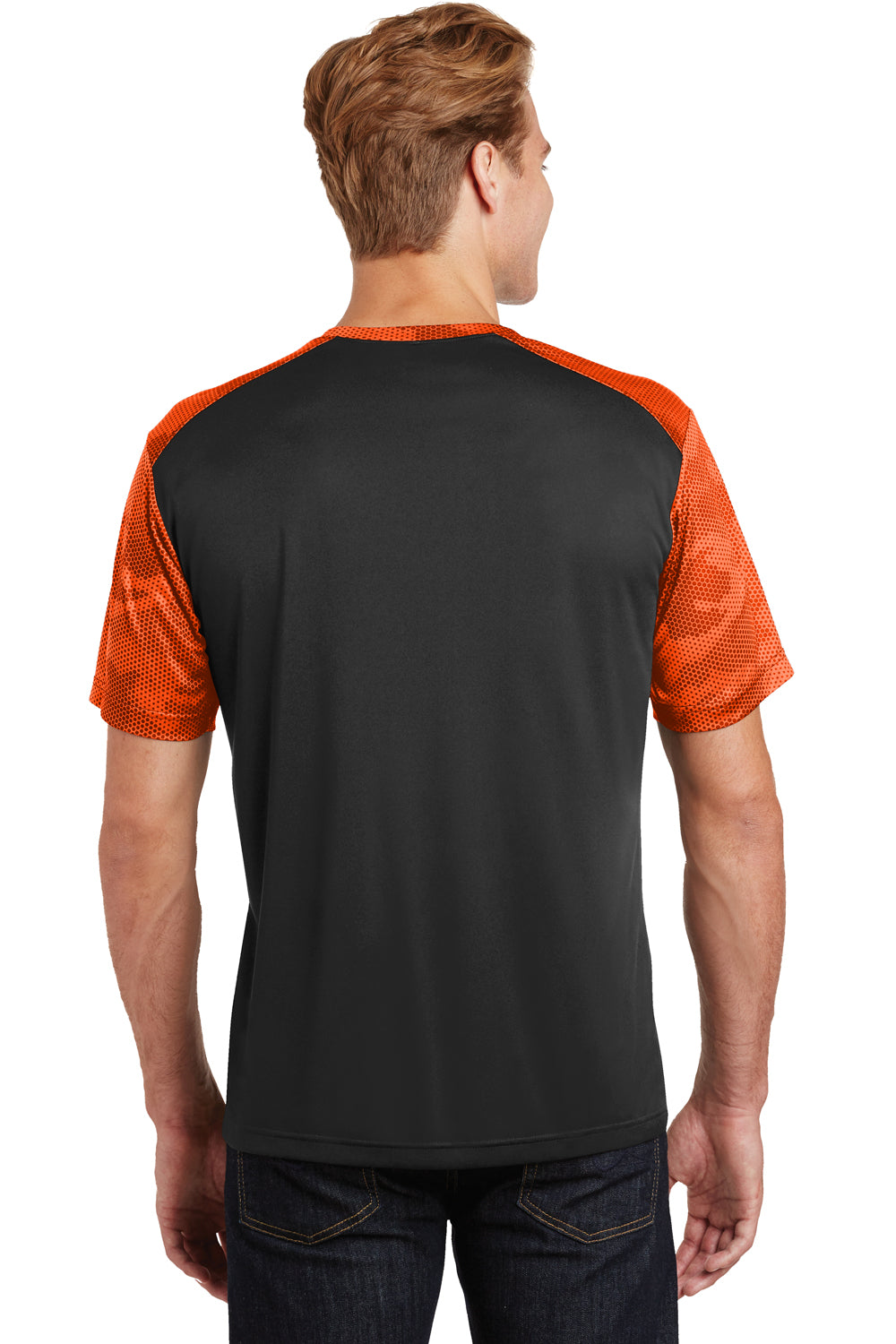 Sport-Tek ST371 Mens CamoHex Moisture Wicking Short Sleeve Crewneck T-Shirt Black/Orange Back