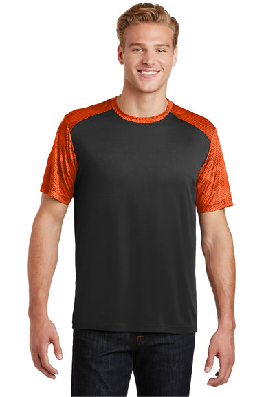 Sport-Tek ST371 Mens CamoHex Moisture Wicking Short Sleeve Crewneck T-Shirt Black/Orange Front