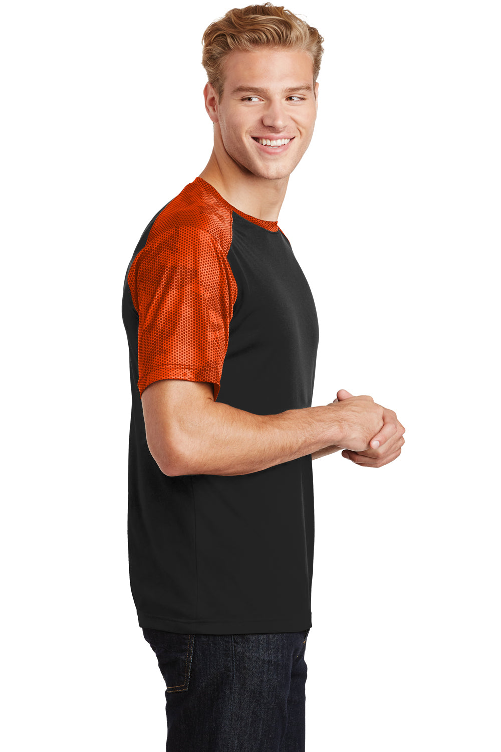 Sport-Tek ST371 Mens CamoHex Moisture Wicking Short Sleeve Crewneck T-Shirt Black/Orange Side