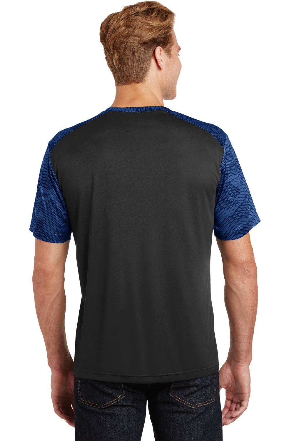Sport-Tek ST371 Mens CamoHex Moisture Wicking Short Sleeve Crewneck T-Shirt Black/Royal Blue Back