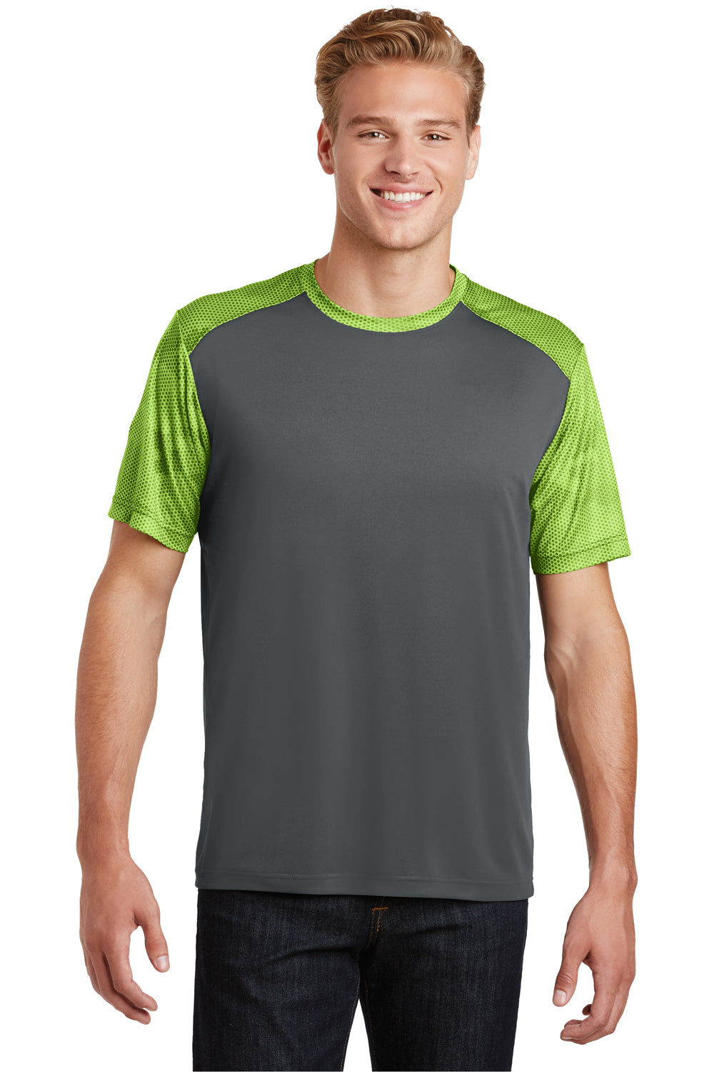Sport-Tek ST371 Mens CamoHex Moisture Wicking Short Sleeve Crewneck T-Shirt Iron Grey/Lime Green Front