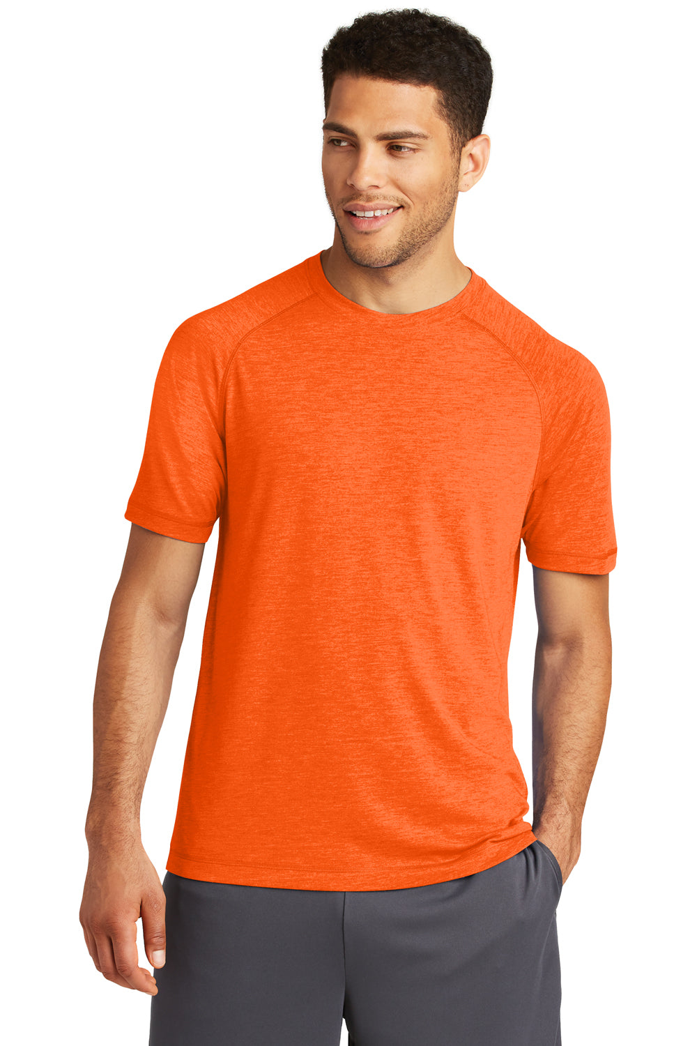 Sport-Tek ST400 Mens Moisture Wicking Short Sleeve Crewneck T-Shirt Heather Orange Front