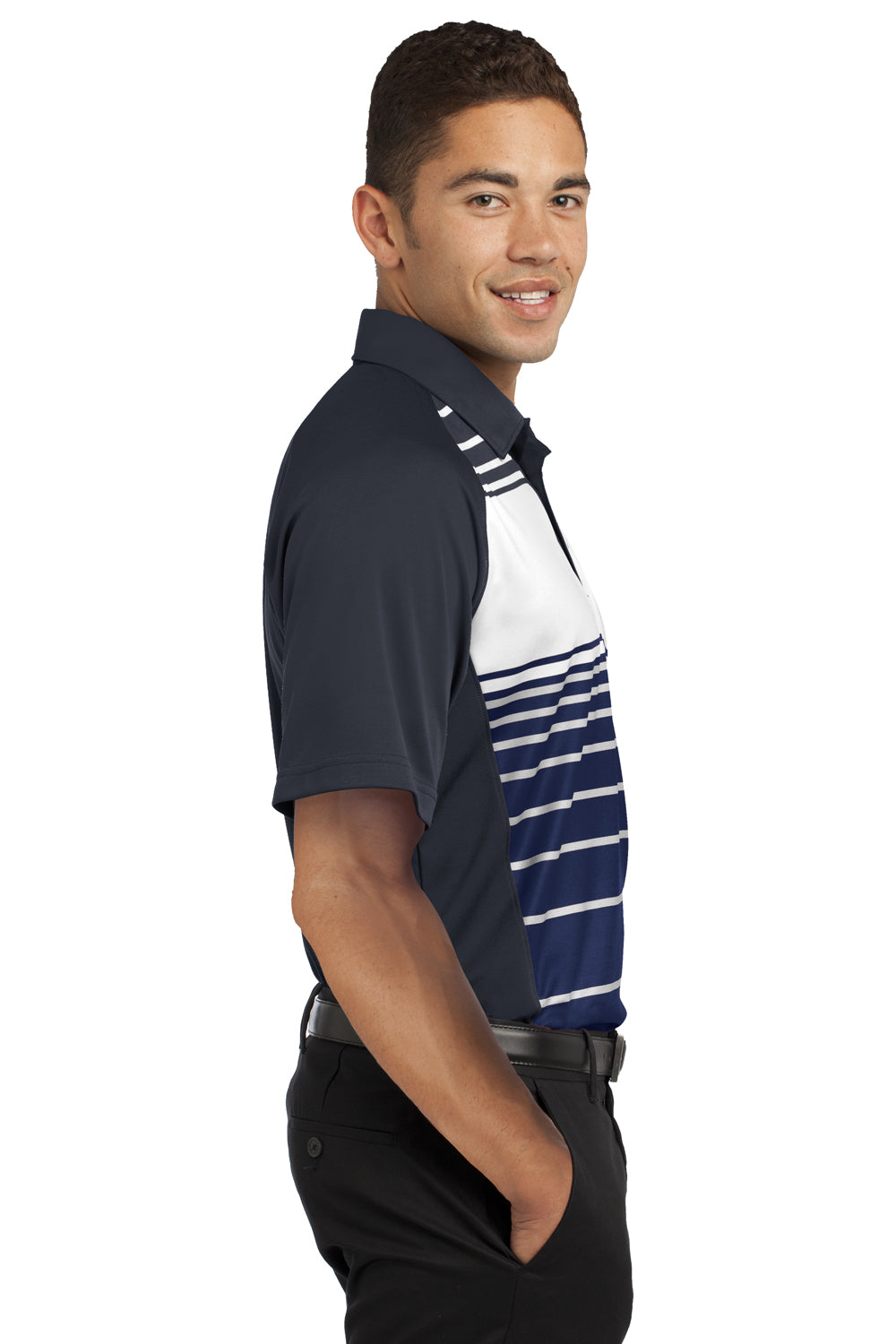 Sport-Tek ST600 Mens Dry Zone Moisture Wicking Short Sleeve Polo Shirt Navy Blue/Grey/White Side