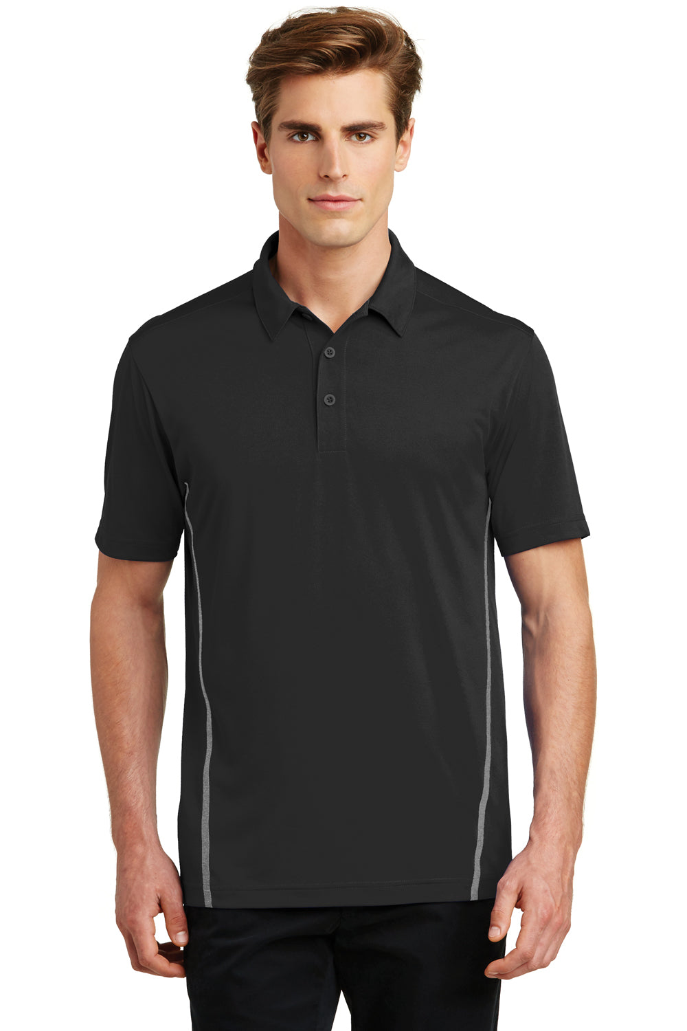 Sport-Tek ST620 Mens Tough Moisture Wicking Short Sleeve Polo Shirt Black/Heather Grey Front