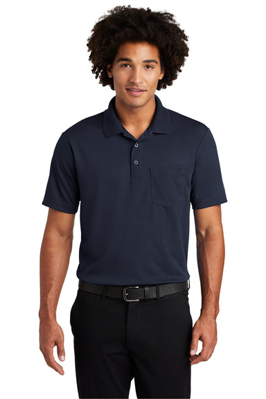 Sport-Tek ST640P Mens RacerMesh Moisture Wicking Short Sleeve Polo Shirt w/ Pocket Navy Blue Front