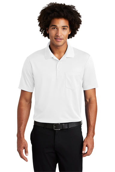 Sport-Tek ST640P Mens RacerMesh Moisture Wicking Short Sleeve Polo Shirt w/ Pocket White Front