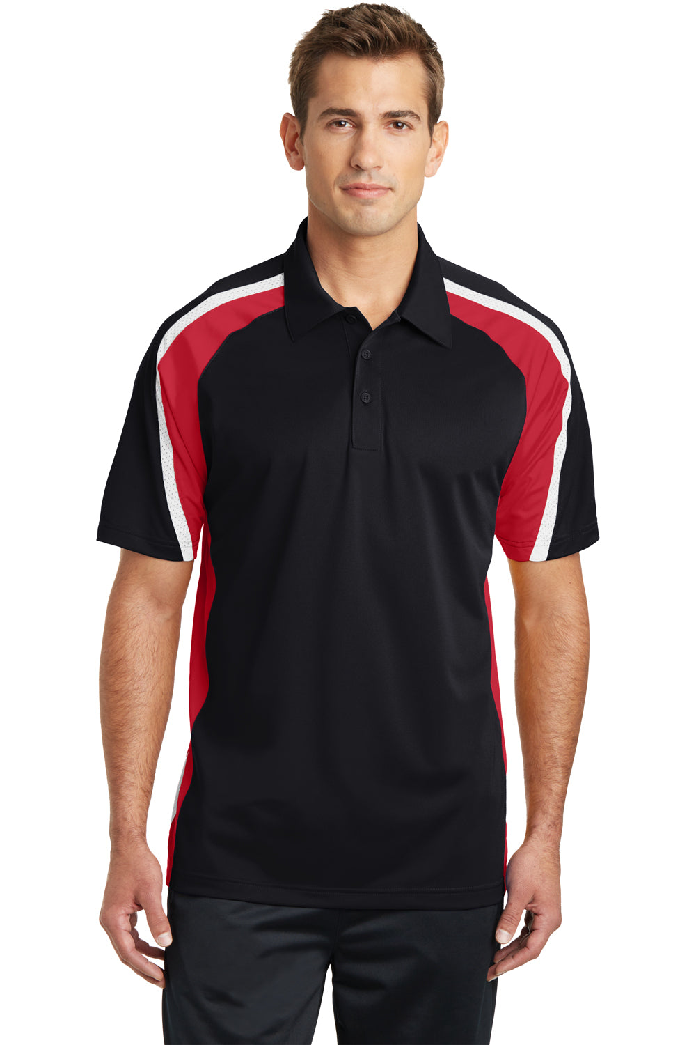 Sport-Tek ST654 Mens Sport-Wick Moisture Wicking Short Sleeve Polo Shirt Black/Red/White Front