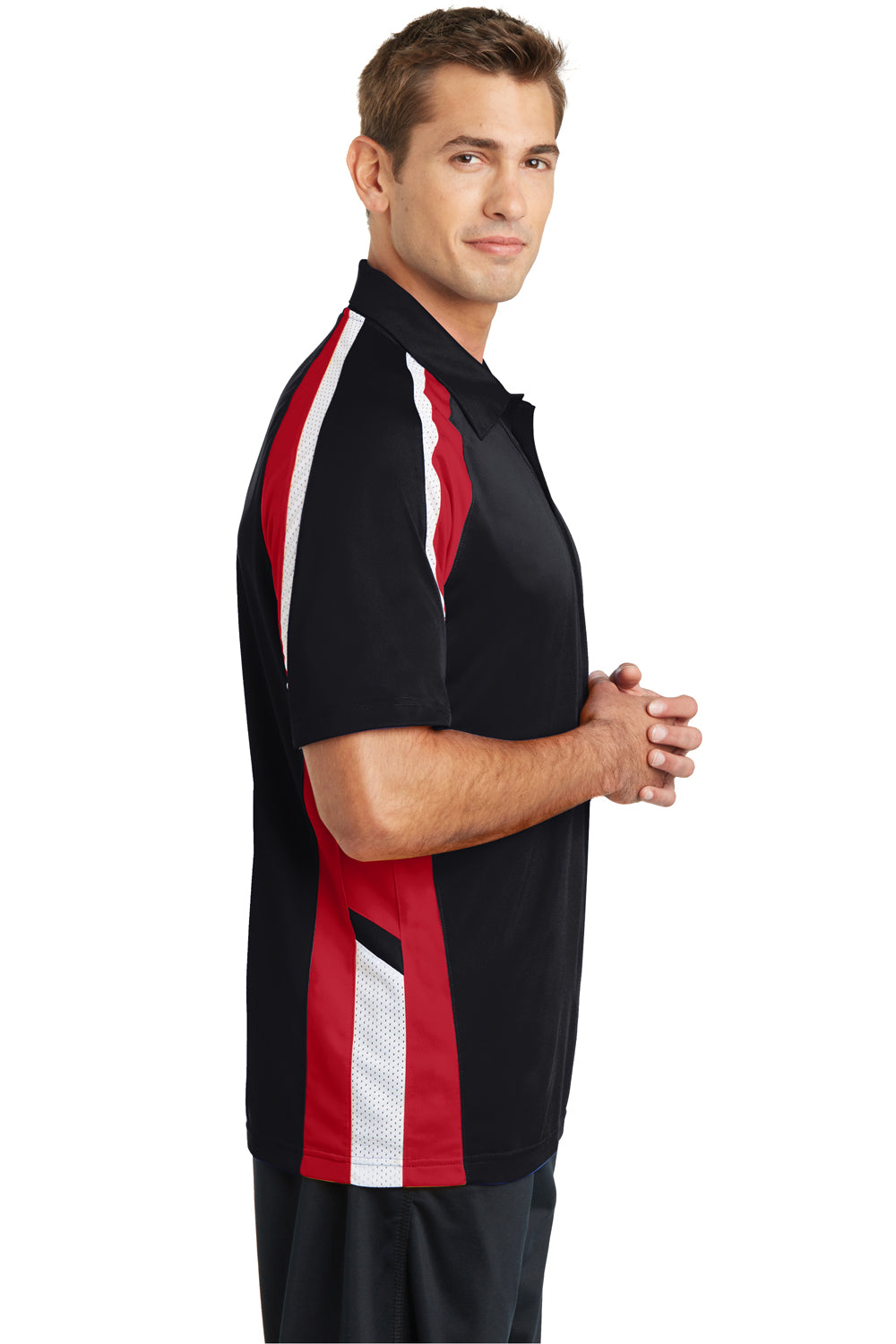 Sport-Tek ST654 Mens Sport-Wick Moisture Wicking Short Sleeve Polo Shirt Black/Red/White Side