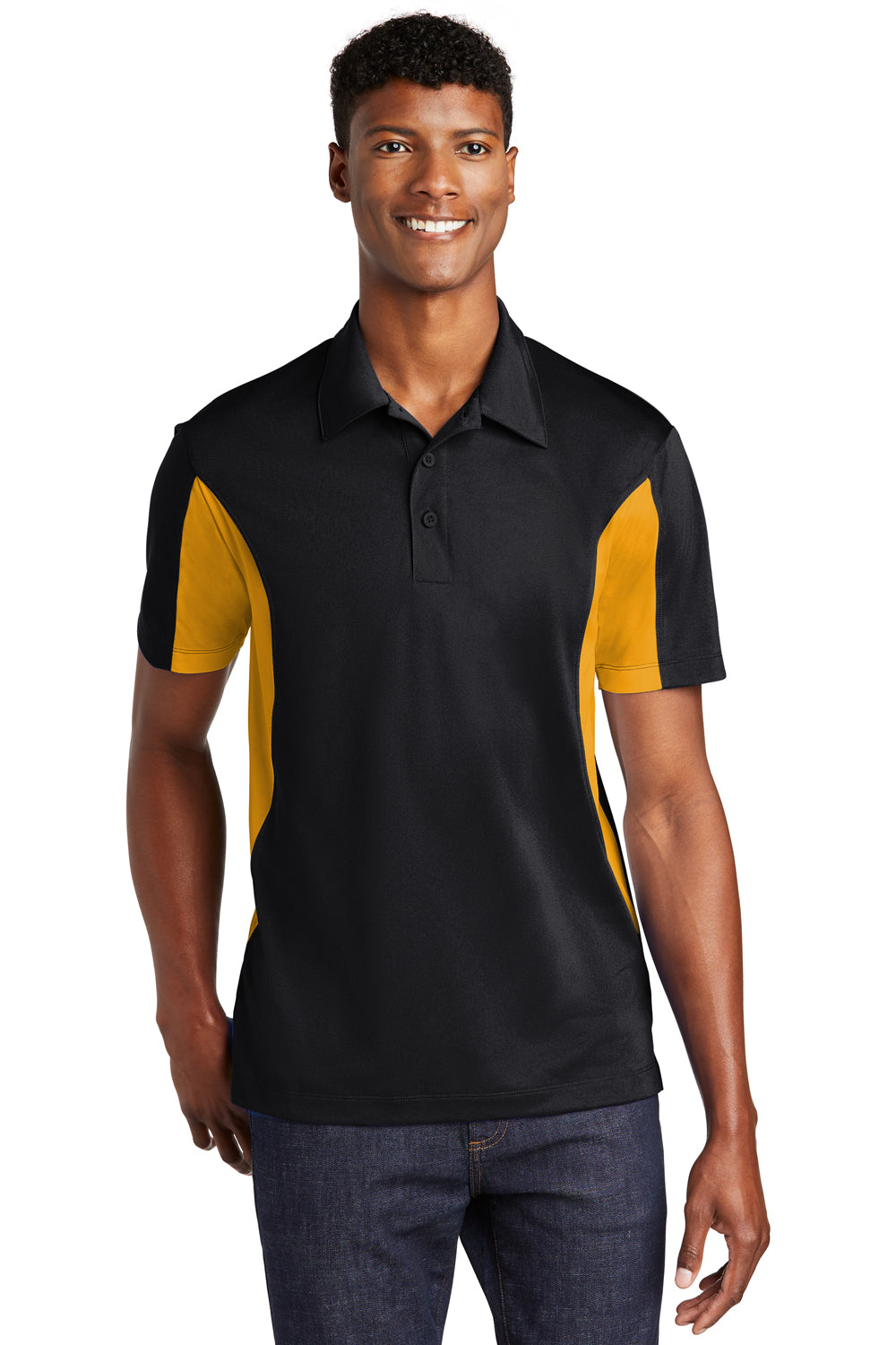 Sport-Tek ST655 Mens Sport-Wick Moisture Wicking Short Sleeve Polo Shirt Black/Gold Front