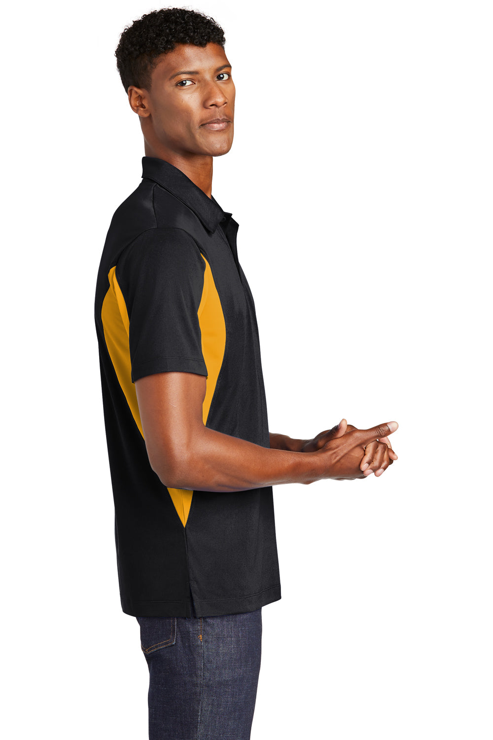 Sport-Tek ST655 Mens Sport-Wick Moisture Wicking Short Sleeve Polo Shirt Black/Gold Side