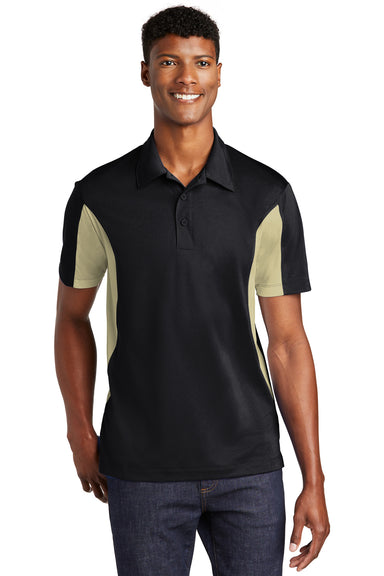 Sport-Tek ST655 Mens Sport-Wick Moisture Wicking Short Sleeve Polo Shirt Black/Vegas Gold Front