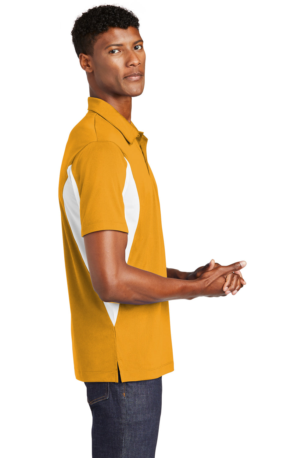 Sport-Tek ST655 Mens Sport-Wick Moisture Wicking Short Sleeve Polo Shirt Gold/White Side