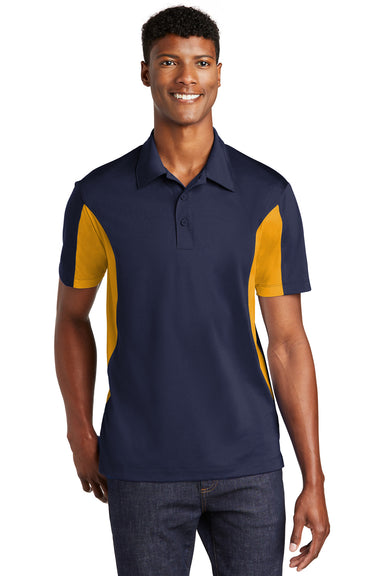 Sport-Tek ST655 Mens Sport-Wick Moisture Wicking Short Sleeve Polo Shirt Navy Blue/Gold Front