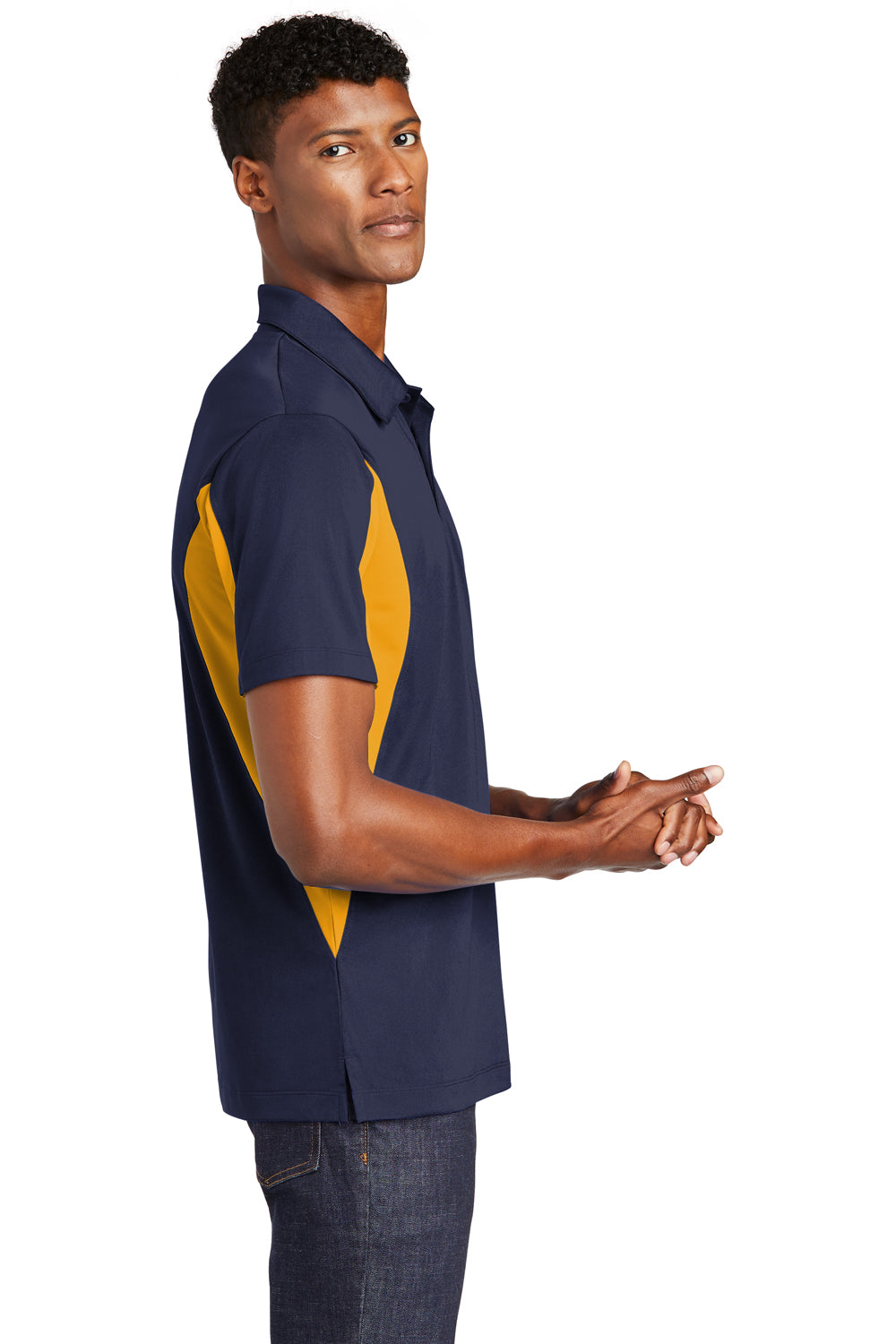 Sport-Tek ST655 Mens Sport-Wick Moisture Wicking Short Sleeve Polo Shirt Navy Blue/Gold Side