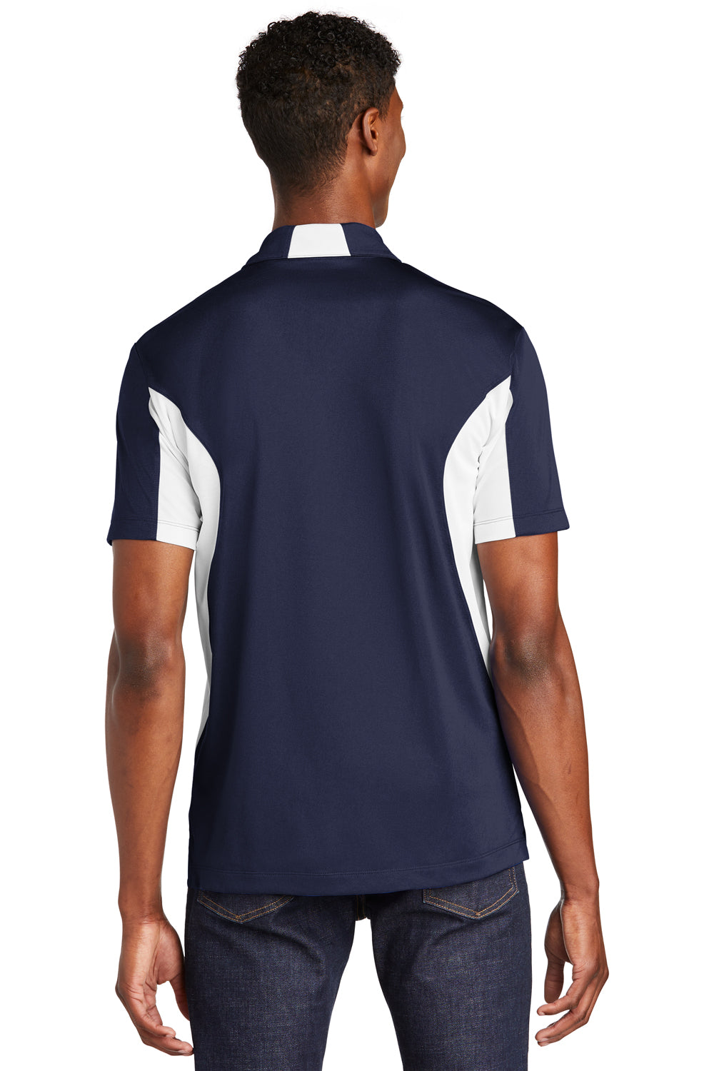 Sport-Tek ST655 Mens Sport-Wick Moisture Wicking Short Sleeve Polo Shirt Navy Blue/White Back