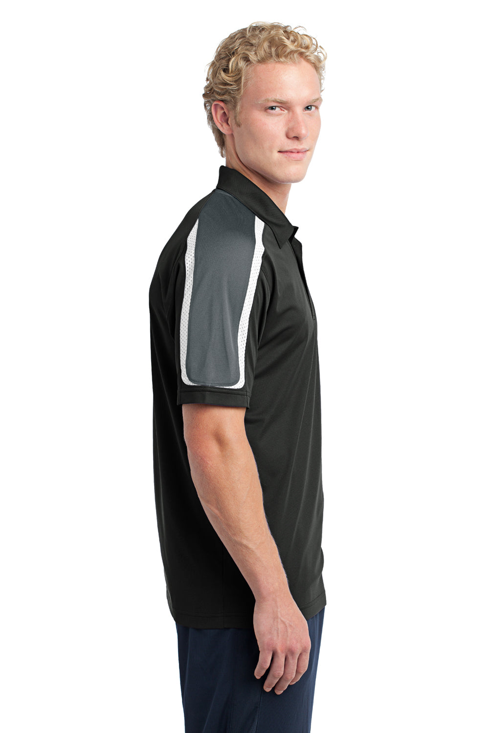 Sport-Tek ST658 Mens Sport-Wick Moisture Wicking Short Sleeve Polo Shirt Black/White/Grey Side