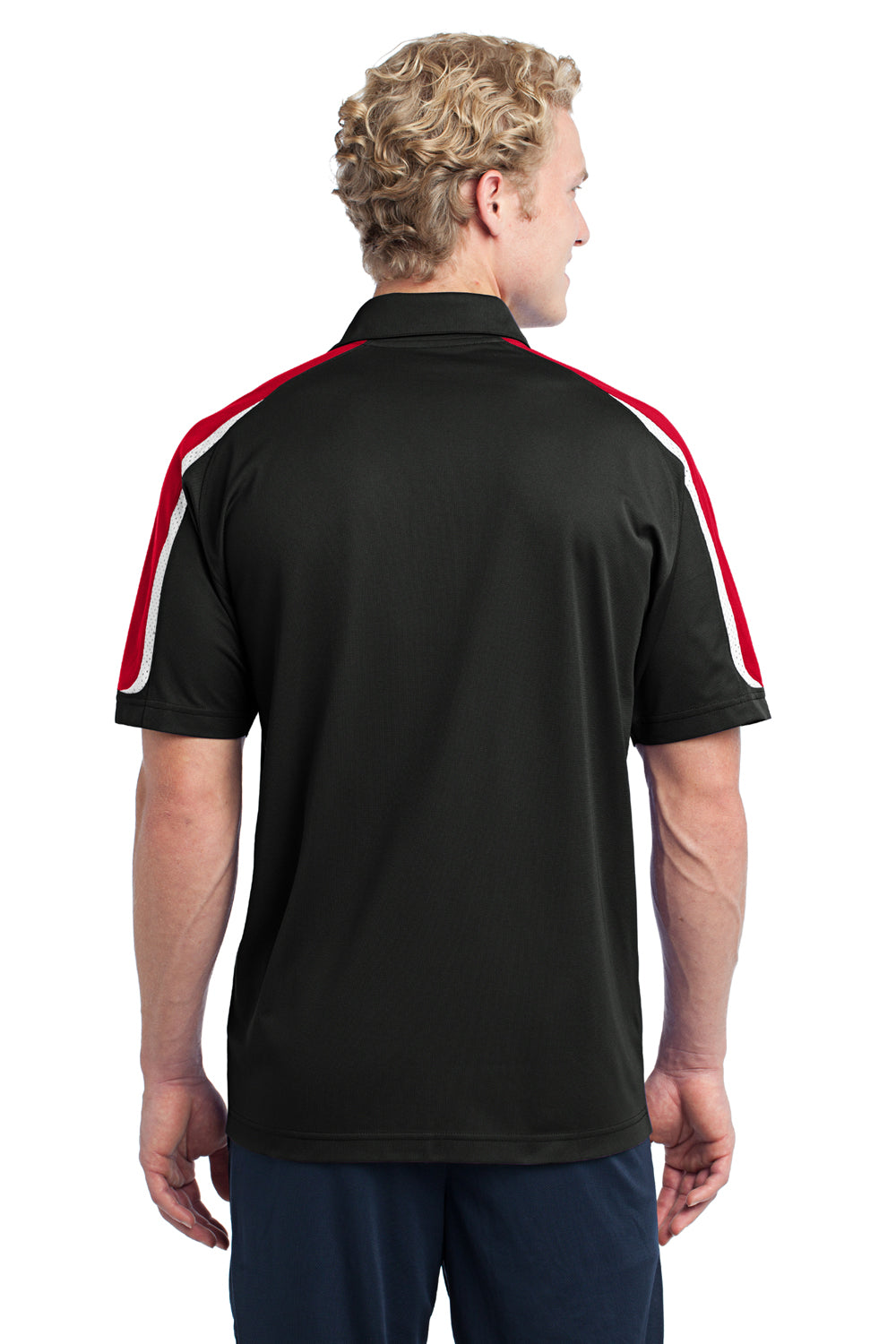 Sport-Tek ST658 Mens Sport-Wick Moisture Wicking Short Sleeve Polo Shirt Black/White/Red Back