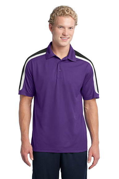 Sport-Tek ST658 Mens Sport-Wick Moisture Wicking Short Sleeve Polo Shirt Purple/White/Black Front