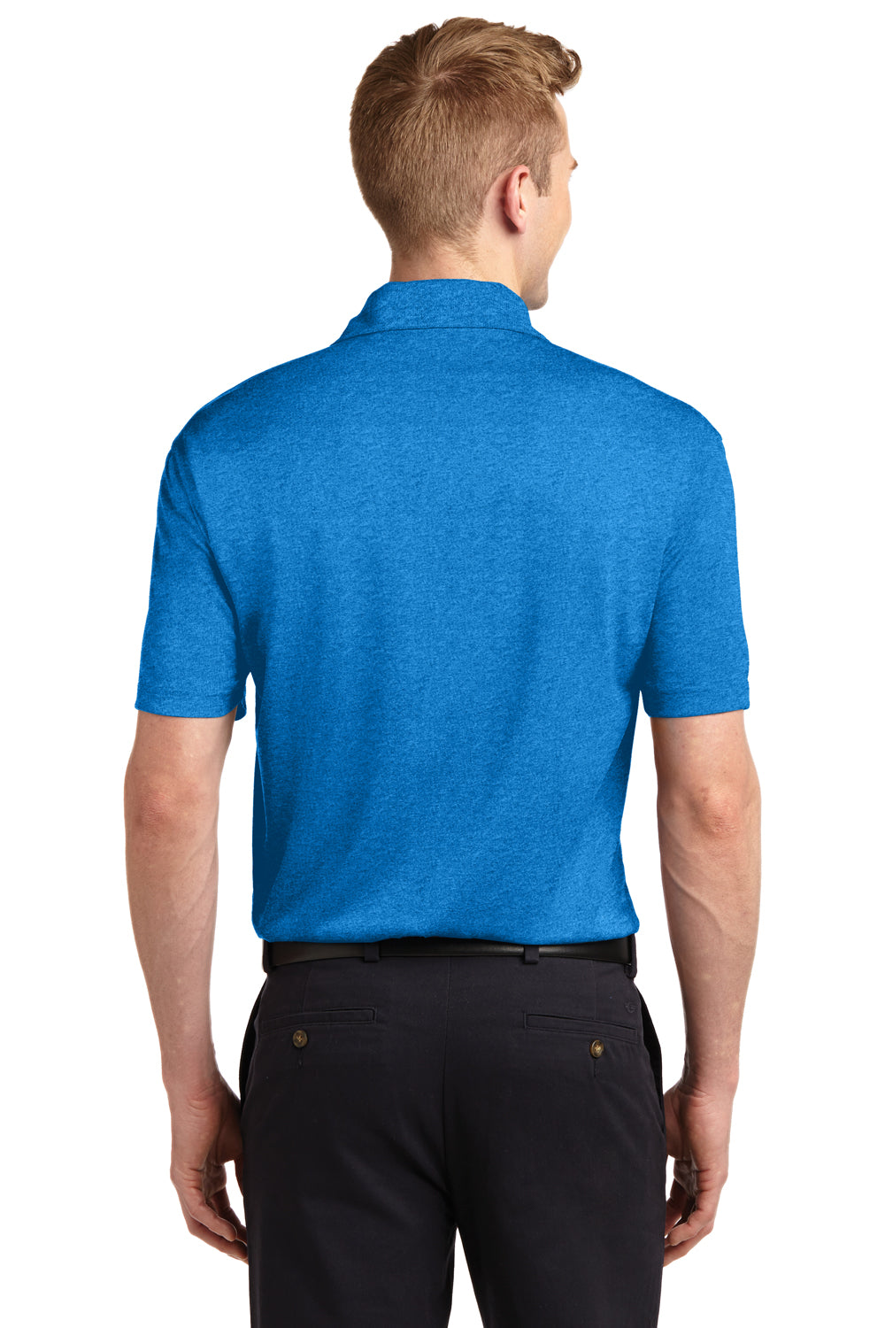 Sport-Tek ST660 Mens Heather Contender Moisture Wicking Short Sleeve Polo Shirt Blue Wake Back